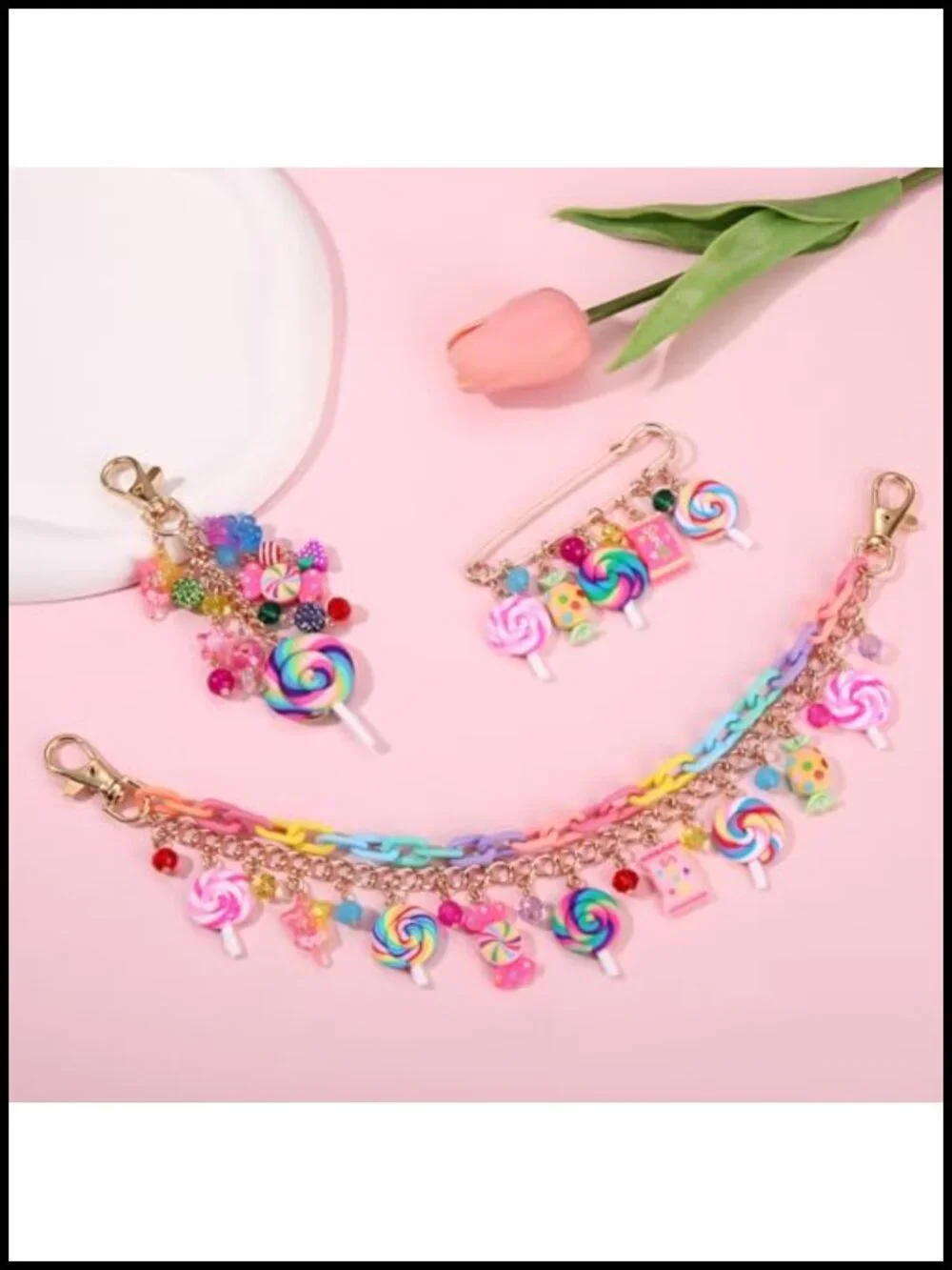 3PCS Candy Bag Charms Keychain Brooch Set